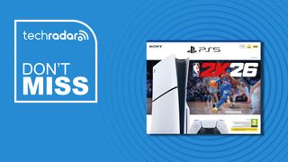 The PS5 NBA 2K26 bundle box against a blue background. Text reads "techradar Don't Miss" in white text.