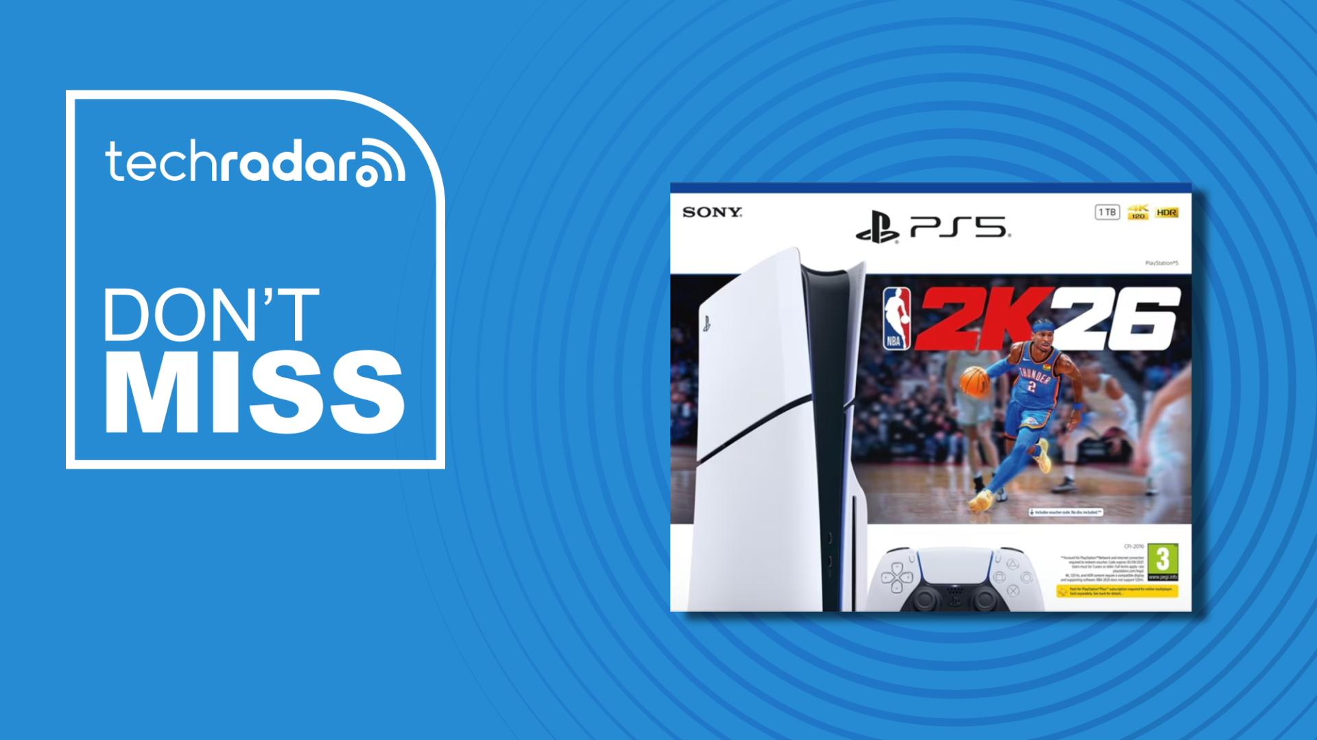 The PS5 NBA 2K26 bundle box against a blue background. Text reads &quot;techradar Don&#039;t Miss&quot; in white text.