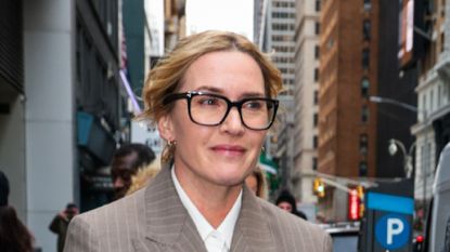 Kate Winslet leaving the Robin Williams Center on December 8, 2025 in New York, wearing baggy jeans, work boots and oversized blazer