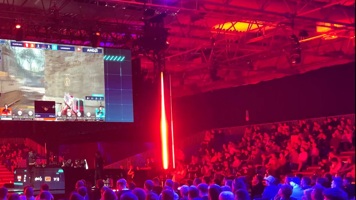 A Counter-Strike 2 tournament at Logitech G Play 2026, showing the LED bomb timer.