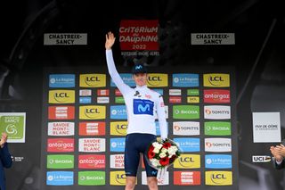 CHASTREIXSANCY FRANCE JUNE 07 Matteo Jorgenson of United States and Movistar Team celebrates at podium as White Best Young Rider Jersey winner during the 74th Criterium du Dauphine 2022 Stage 3 a 169km stage from SaintPaulien to ChastreixSancy 1391m WorldTour Dauphin on June 07 2022 in ChastreixSancy France Photo by Dario BelingheriGetty Images
