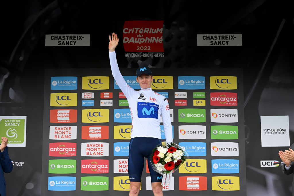 CHASTREIXSANCY FRANCE JUNE 07 Matteo Jorgenson of United States and Movistar Team celebrates at podium as White Best Young Rider Jersey winner during the 74th Criterium du Dauphine 2022 Stage 3 a 169km stage from SaintPaulien to ChastreixSancy 1391m WorldTour Dauphin on June 07 2022 in ChastreixSancy France Photo by Dario BelingheriGetty Images