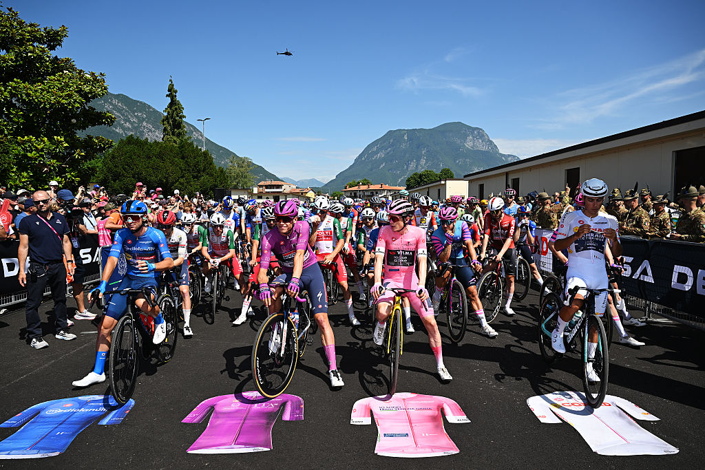 GEMONA DEL FRIULI, ITALY - MAY 30: (L-R) Giulio Ciccone of Italy and Team Lidl - Trek - Blue Mountain Jersey, Paul Magnier of France and Team Soudal Quick-Step - Purple Points Jersey, Jonas Vingegaard of Denmark and Team Visma | Lease a Bike - Pink Leader Jersey and Afonso Eulalio of Portugal and Team Bahrain - Victorious - White Best Young Rider Jersey prior to the 109th Giro d&amp;amp;apos;Italia 2026, Stage 20 a 200km stage from Gemona del Friuli to Piancavallo 1289m / #UCIWT / on May 30, 2026 in Gemona del Friuli, Italy. (Photo by Tim de Waele/Getty Images)