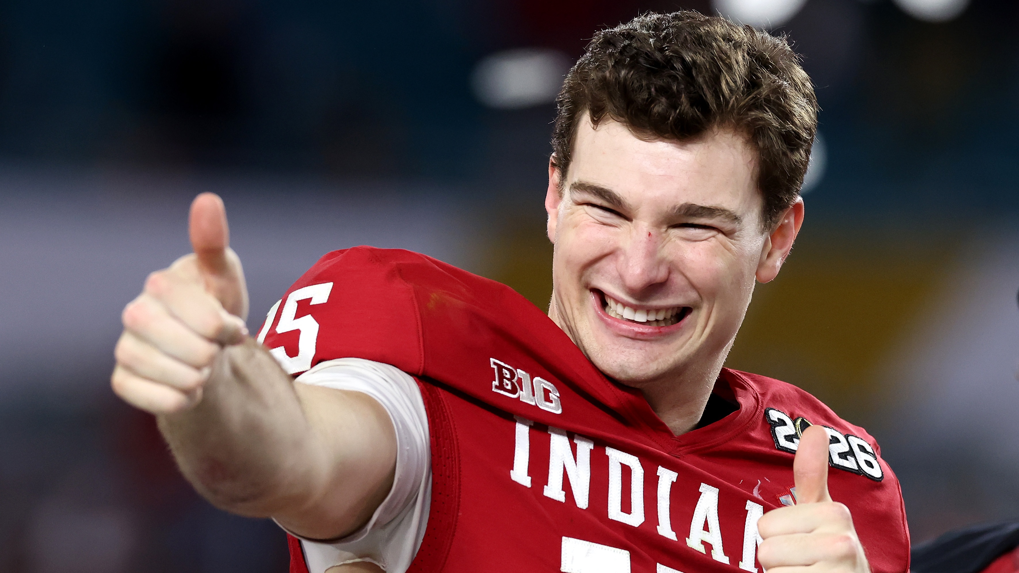 Fernando Mendoza #15 of the Indiana Hoosiers celebrates after defeating Miami Hurricanes 27-21 in the 2026 College Football Playoff National Championship at Hard Rock Stadium