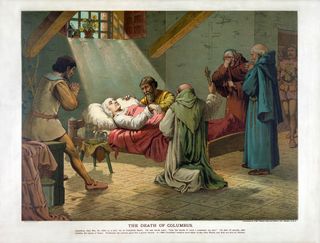 'The Death of Columbus', depicted in an 1893 lithograph print by The Prang Educational Company.