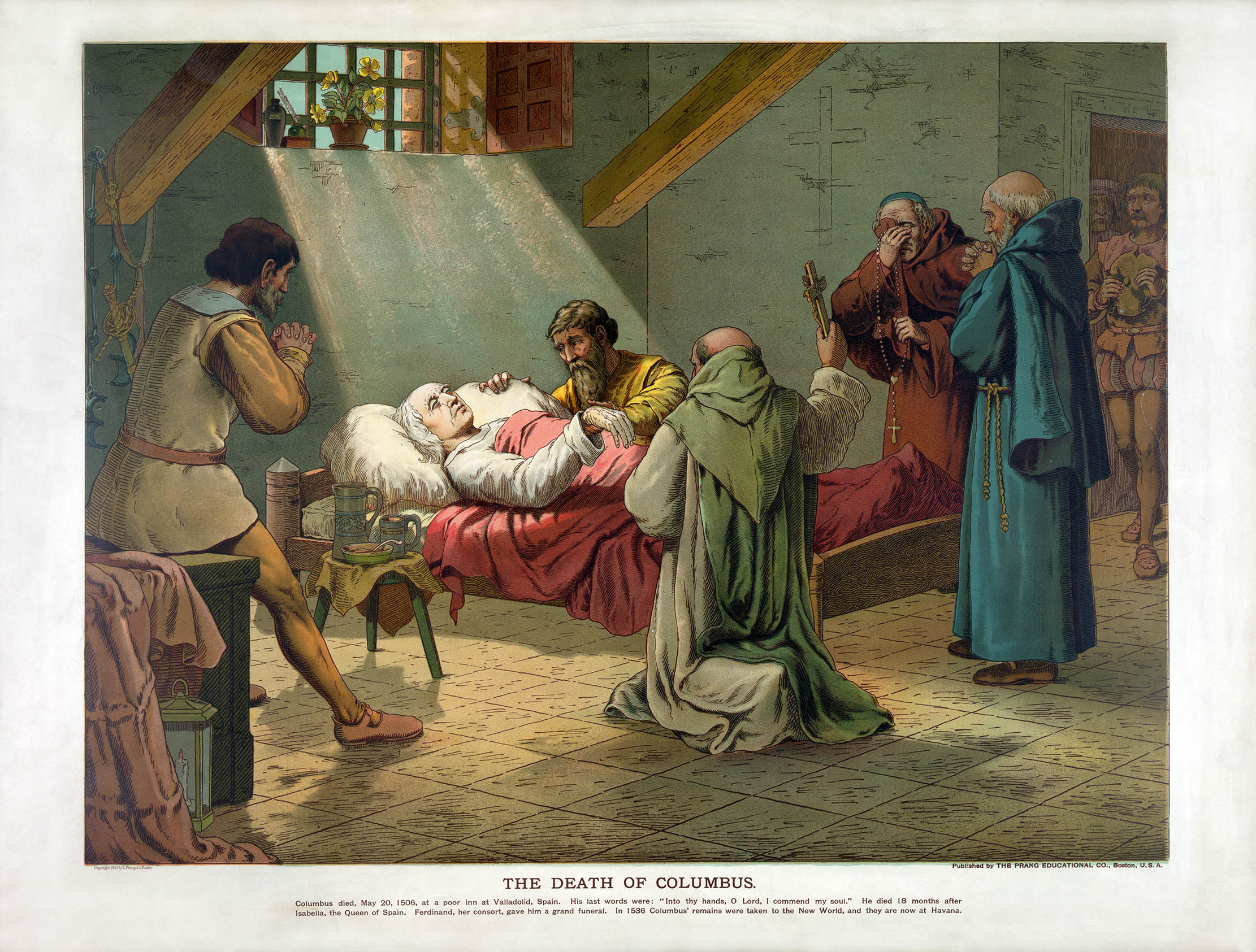 &#039;The Death of Columbus&#039;, depicted in an 1893 lithograph print by The Prang Educational Company.