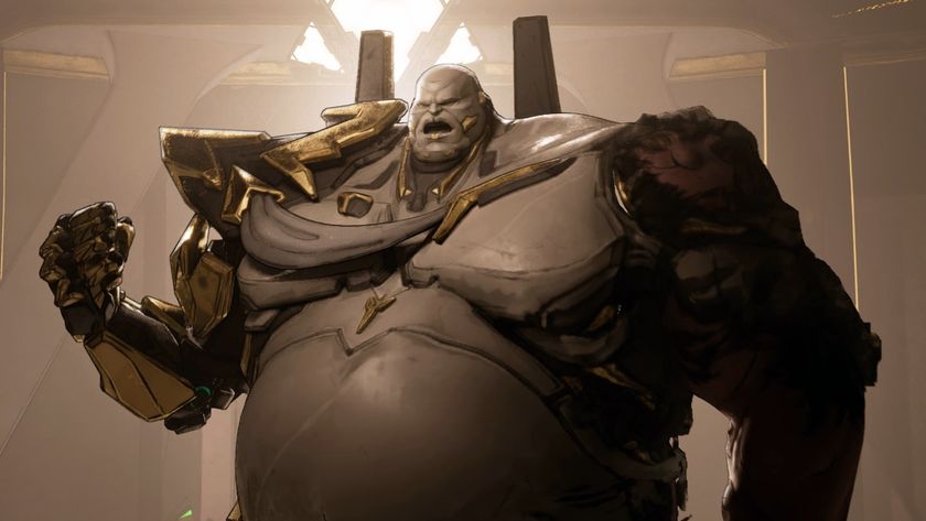 Borderlands 4 Idolator Sol boss guide: An upper-body shot of Idolator Sol clenching his raised right fist while shouting.