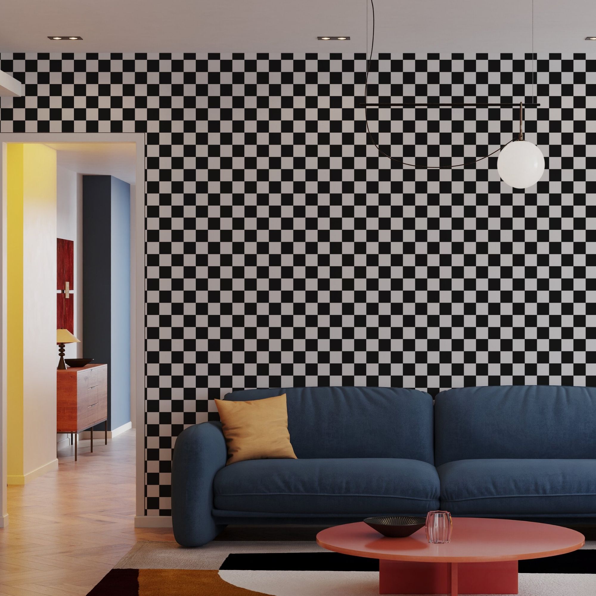 A retro living room with monochrome check wallpaper
