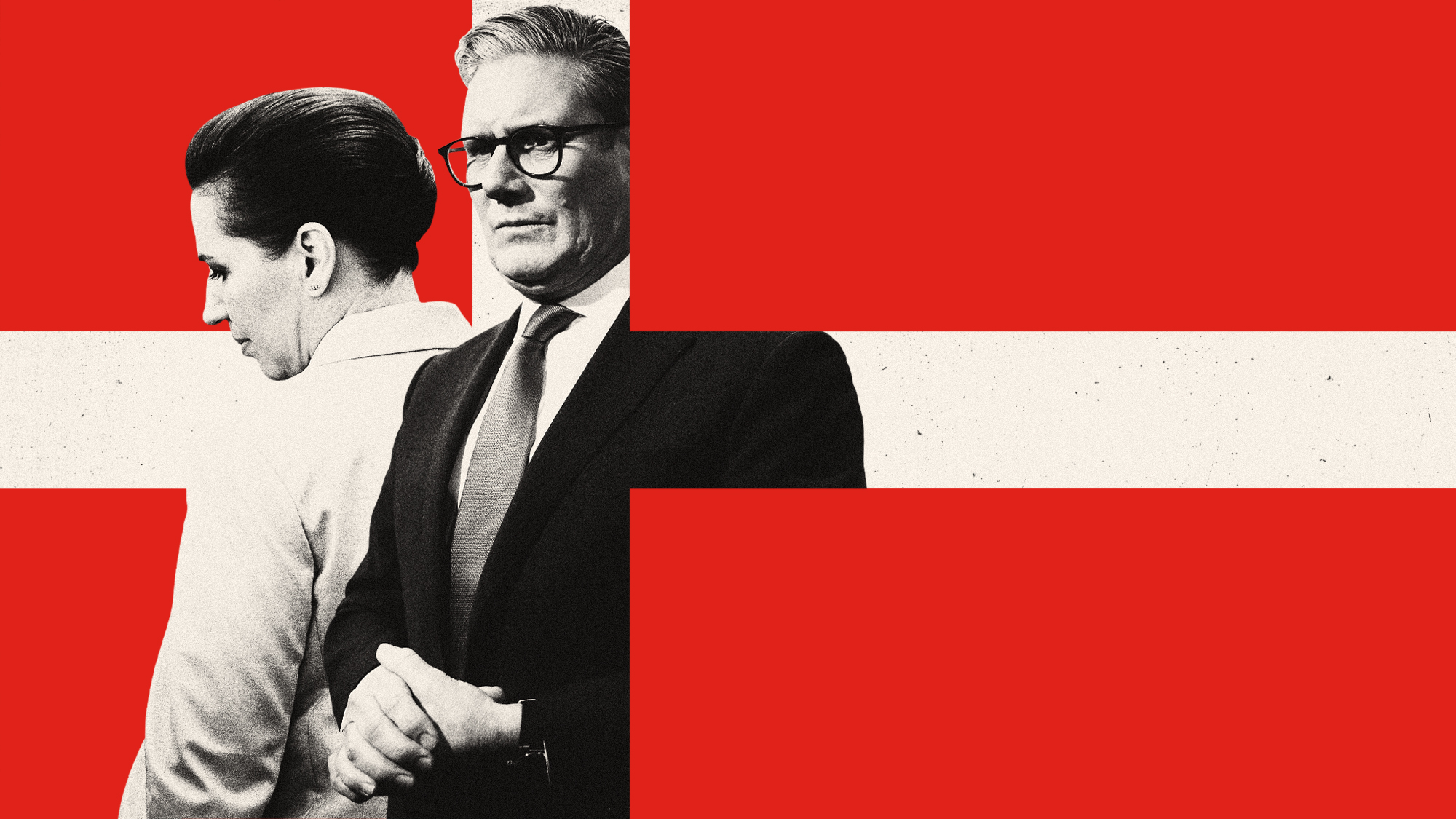 Photo illustration of Keir Starmer, Mette Frederiksen and a Danish flag