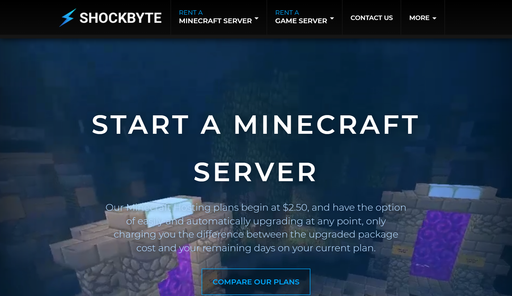 Website screenshot of Shockbyte Minecraft Server Hosting homepage before signing up