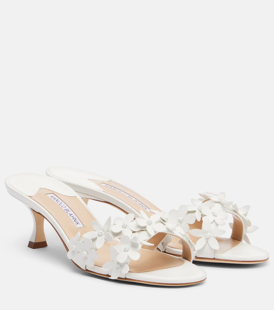 Anistarona Floral-Appliqu&amp;eacute; Leather Mules in White - Manolo Blahnik