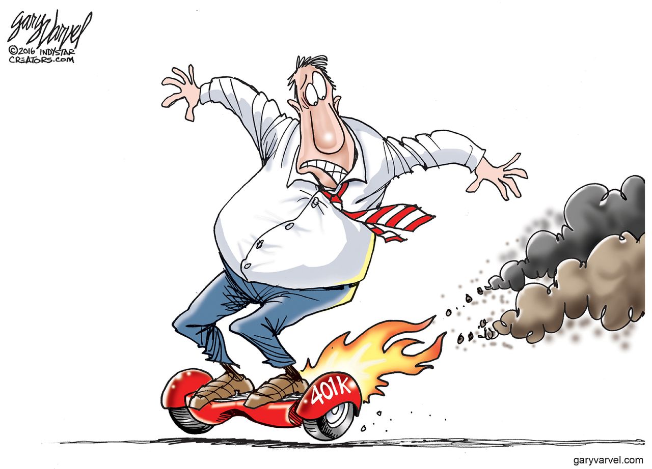 Editorial cartoon U.S. 401k Business Hoverboard