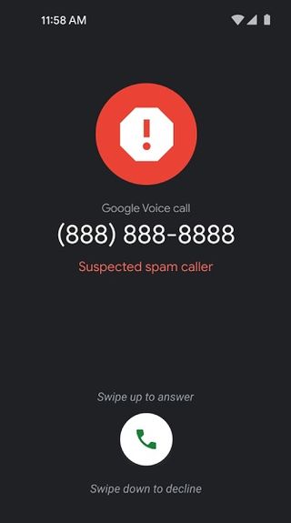 Google Voice's new warning about a suspected spam caller.