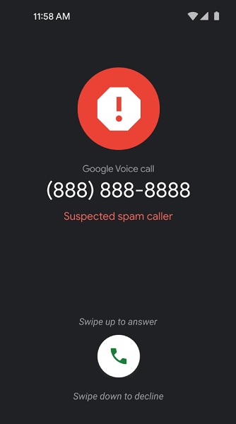 Nueva alerta de Google Voice sobre una llamada de spam sospechosa.
