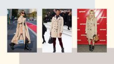 three women in Burberry trench coats including Denise Lewis (middle) and Sienna Miller (right)
