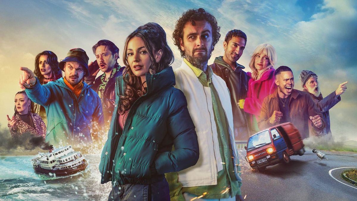 Center from left: Michelle Keegan as Erin and Joe Gilgun as Vinnie, surrounding by their crew and scenes of comedic carnage by road and sea