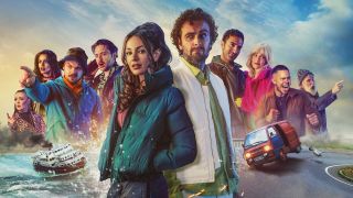 Center from left: Michelle Keegan as Erin and Joe Gilgun as Vinnie, surrounding by their crew and scenes of comedic carnage by road and sea