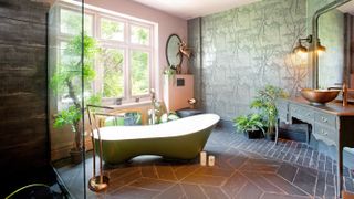 bathroom interior design with feature bath and random flooring