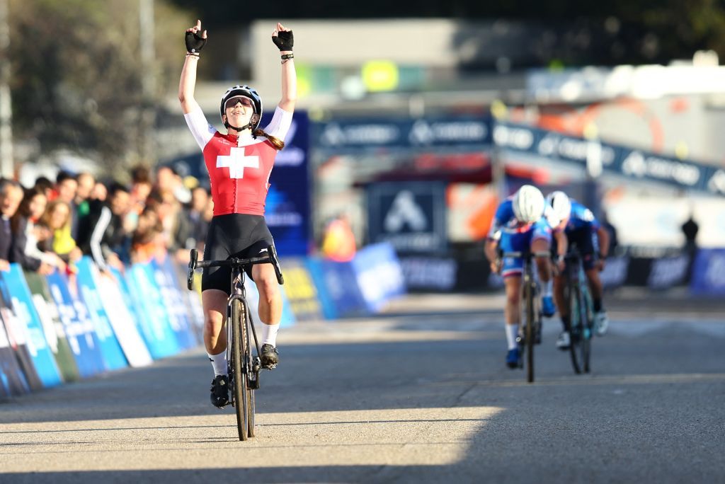 Swiss Anja Grossmann celebrates as she crosses the finish line to win the Junior Women race at the European Championships cyclocross cycling in Pontevedra, Spain, Sunday 03 November 2024. BELGA PHOTO DAVID PINTENS (Photo by DAVID PINTENS / BELGA MAG / Belga via AFP) (Photo by DAVID PINTENS/BELGA MAG/AFP via Getty Images)
