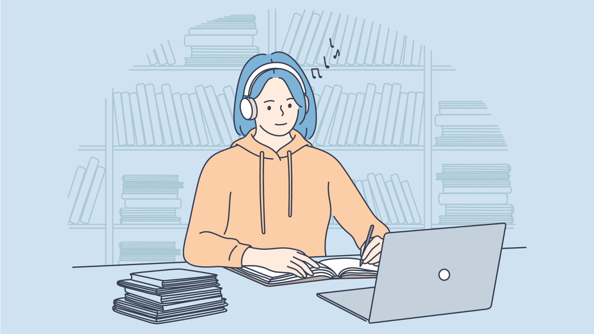Smiling teen girl college student with blue hair in headphones watching online webinar or online tutorial on laptop and making notes 