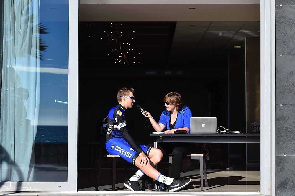 Laurens de Plus speaks with the press on Etixx-QuickStep's media day