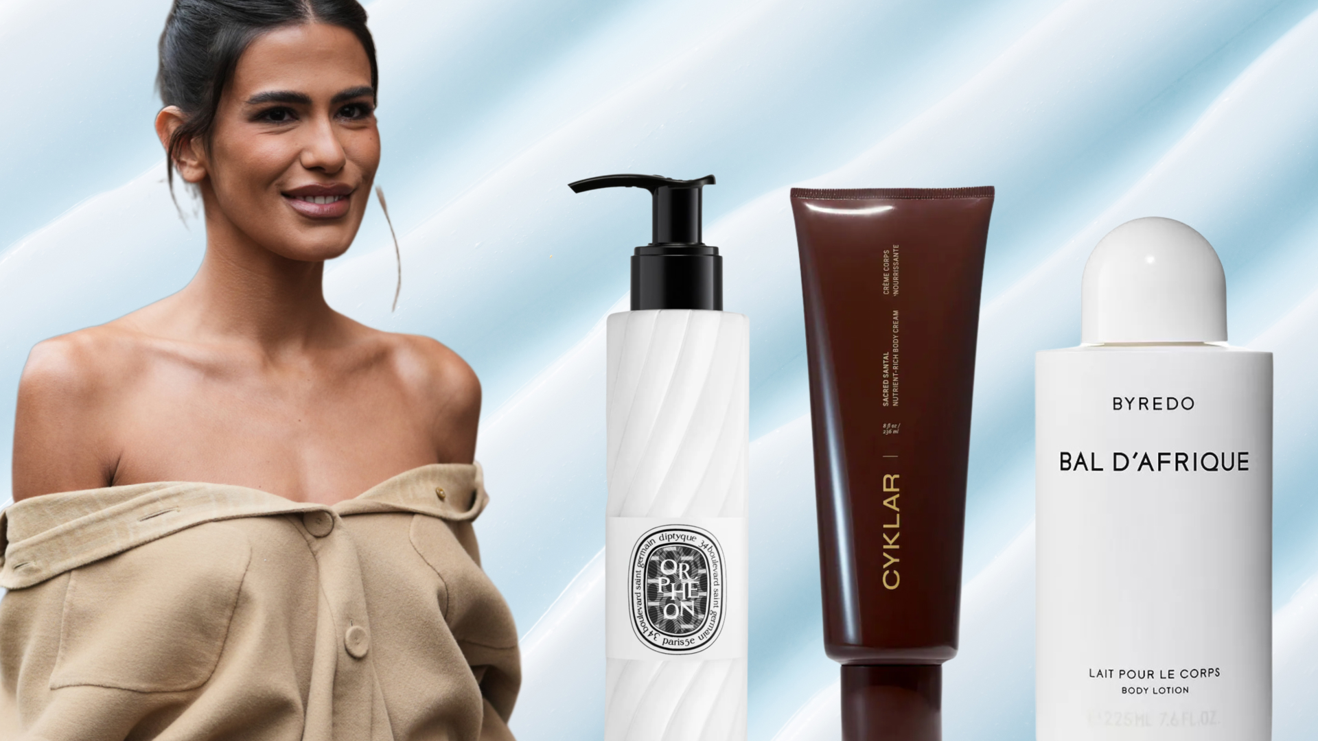 A woman with an off-the-shoulder top next top three bottles of lotion. They are all in front of a swatch of lotion background.