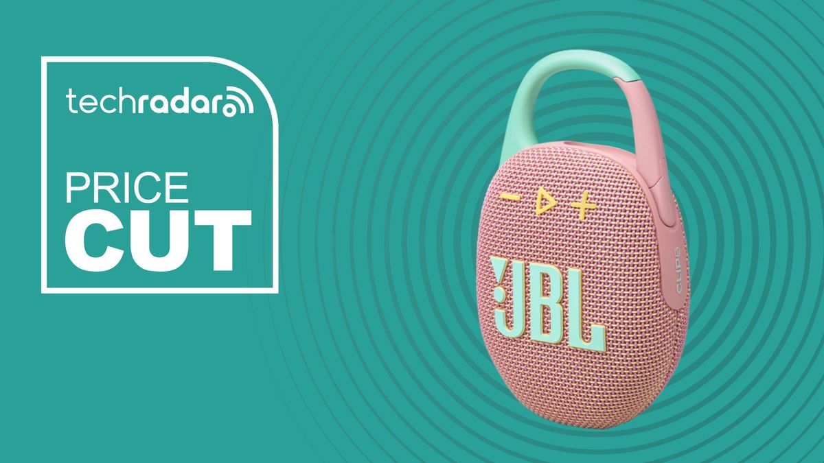 JBL Clip 5 on teal background with the words &#039;TechRadar: Price Cut&#039; positioned to the left of the speaker