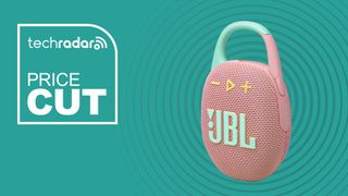 JBL Clip 5 on teal background with the words &#039;TechRadar: Price Cut&#039; positioned to the left of the speaker