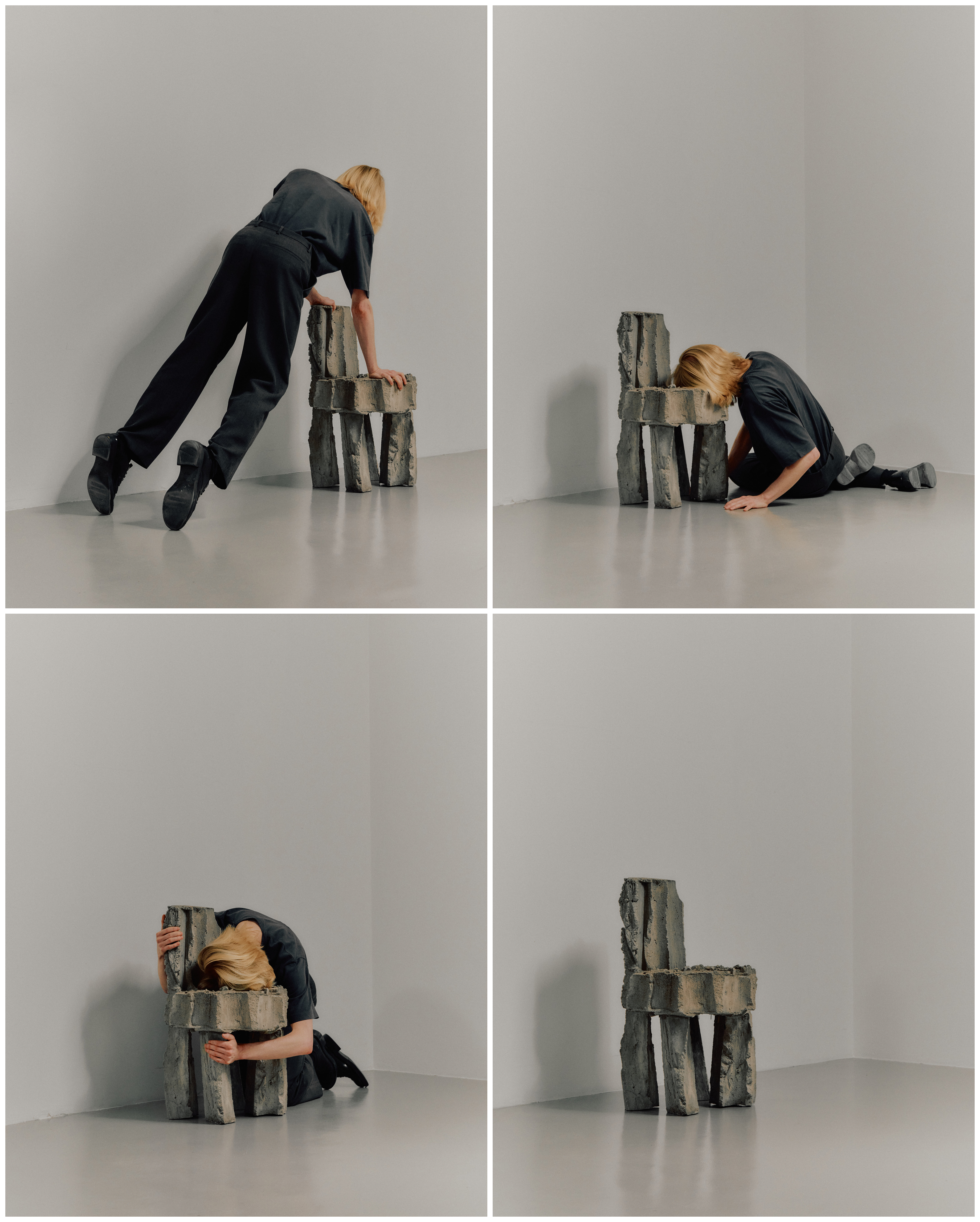 Grid-designed series of images depicting everyday objects within an empty, gray-tinted gallery room, including vases, chairs, and glass bowls.