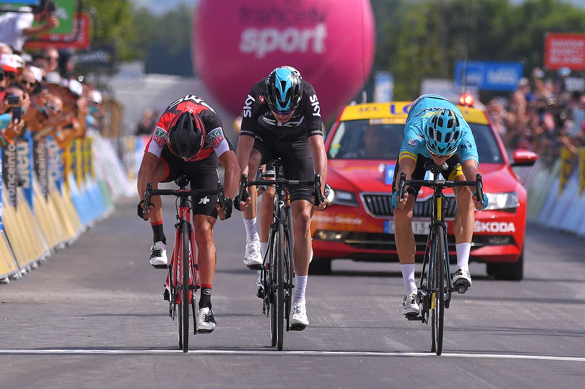 Jakob Fuglsang narrowly pips Richie Porte to win the Crit&eacute;rium du Dauphin&eacute;'s sixth stage.