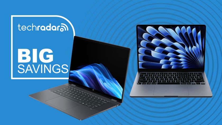 The HP Omnibook X Flip and Apple MacBook Air on a blue background with a TechRadar deals badge.