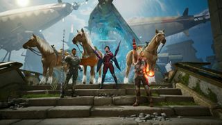 Highguard Warden characters posing on stairs with horse mounts