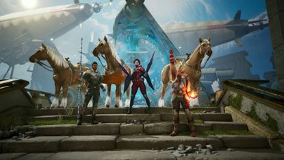 Highguard Warden characters posing on stairs with horse mounts