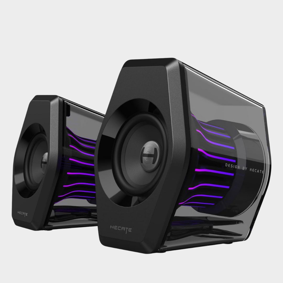 A pair of black Edifier G2000 Pro speakers on a plain background