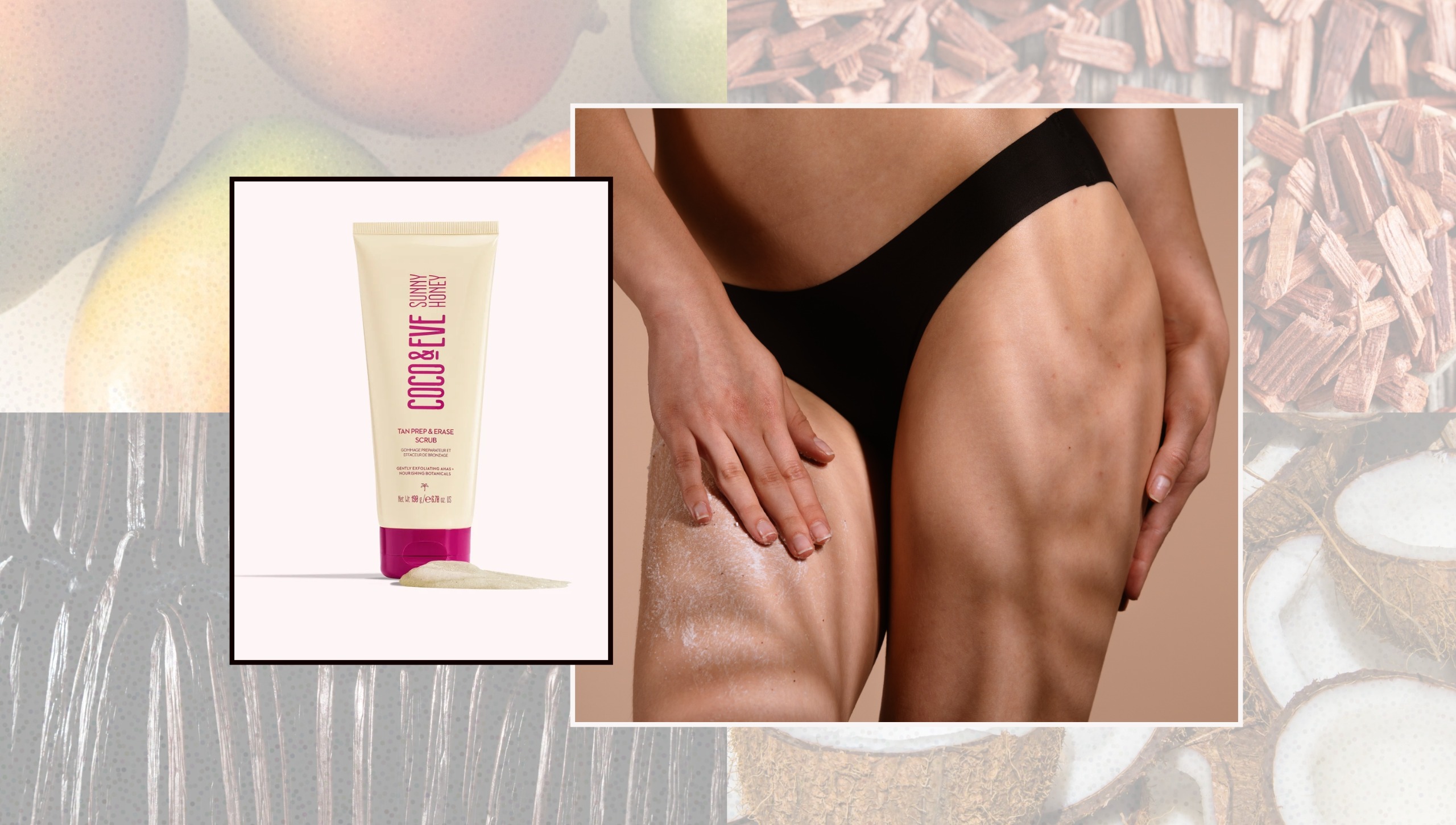 a background of mango, vanilla, sandalwood, coconut with a picture of someones legs and a body scrub