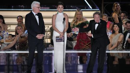 Steve Martin, Selena Gomez, and Martin Short speak onstage during the 74th Primetime Emmys at Microsoft Theater on September 12, 2022 in Los Angeles, California. 