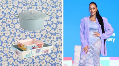 Spice by Tia Mowry cookware on a floral background next to a photo of Tia Mowry at an event in a purple dress