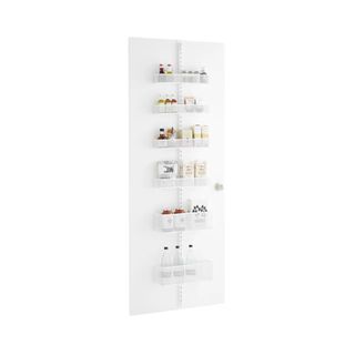 Elfa white mesh over the door full height rack with baskets holding kitchen condiments, drinks and other edibles