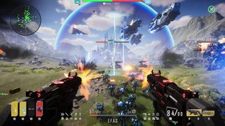 image of a shooting game with two guns in front and numerous spacecraft flying overhead. aliens are swarming in the background and a heads up display showcases enemies nearby