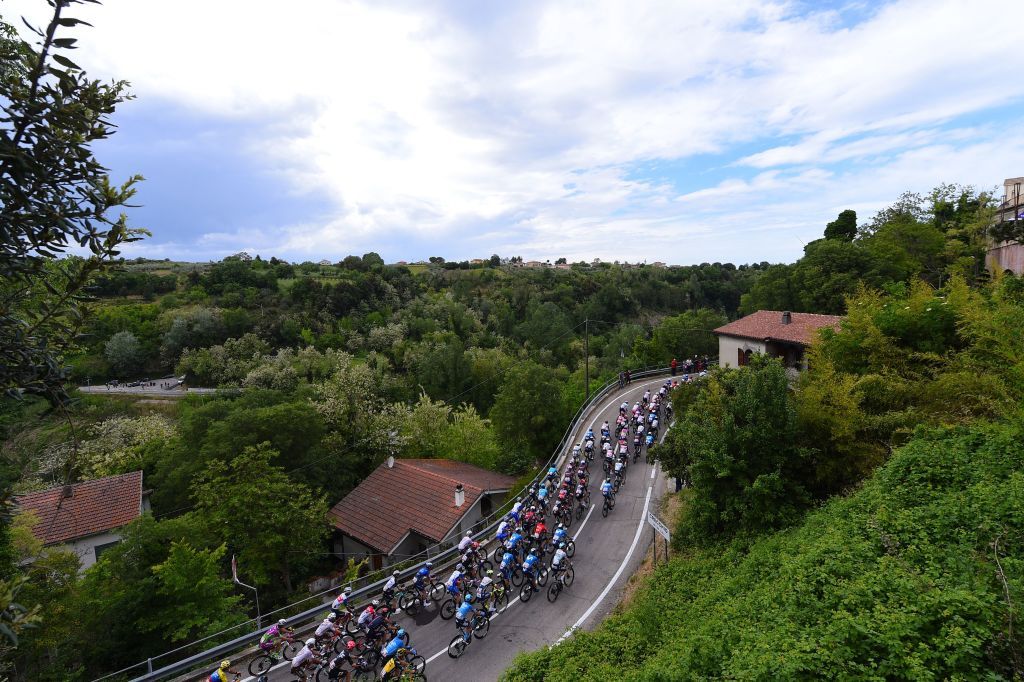 The pack rides through the countryside during the seventh stage of the Giro dItalia 2021 cycling race 181 km between Notaresco and Termoli on May 14 2021 Photo by Dario BELINGHERI AFP Photo by DARIO BELINGHERIAFP via Getty Images