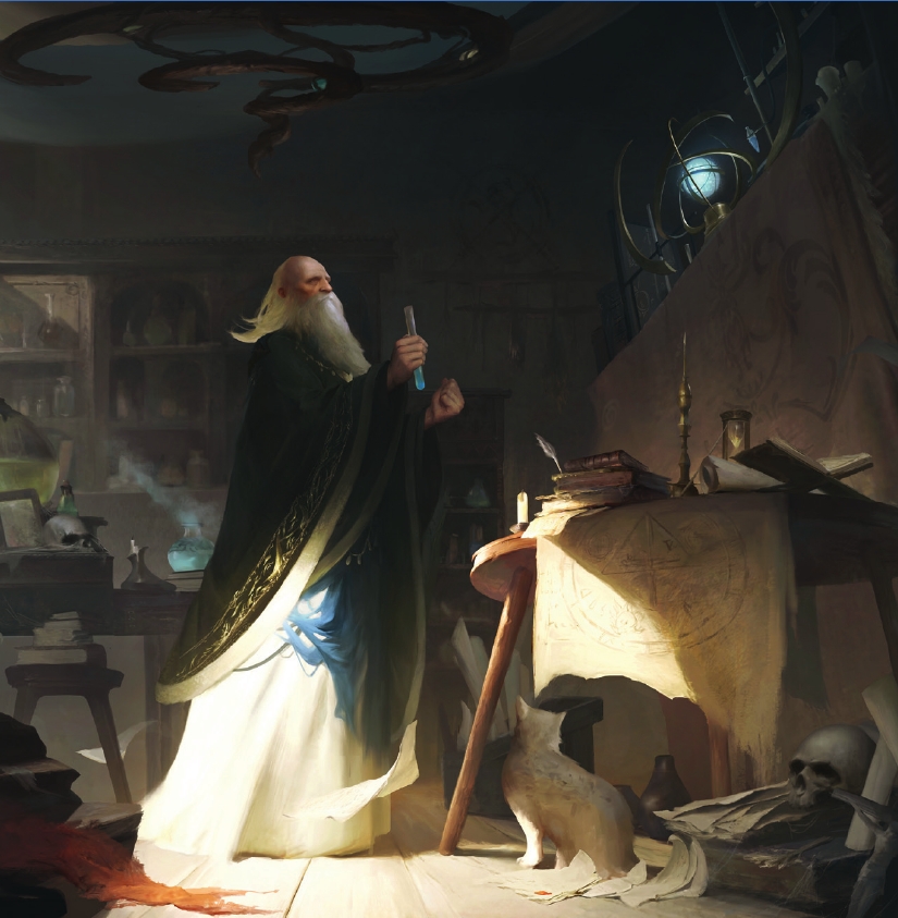 Striking fantasy scene; wizard