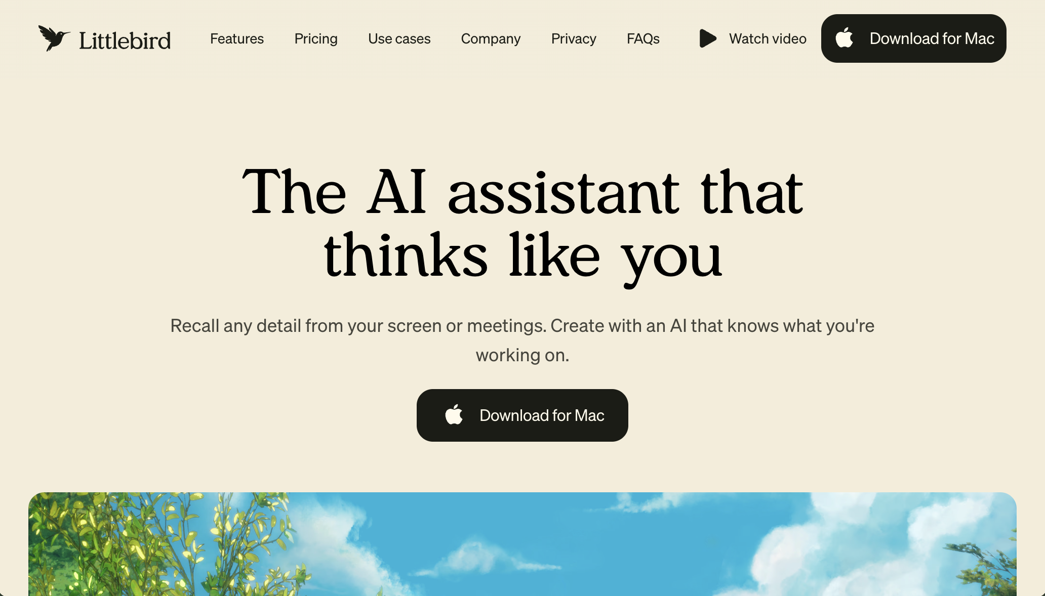 A clean, minimalist website homepage for an AI assistant features dark serif typography on a cream-colored background above a scenic landscape illustration.