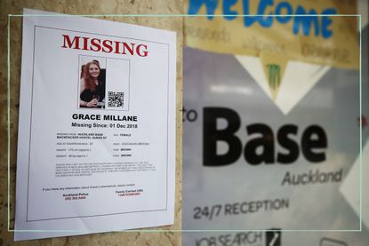 a close of the Missing Grace Millane posters on display at the Auckland hostel