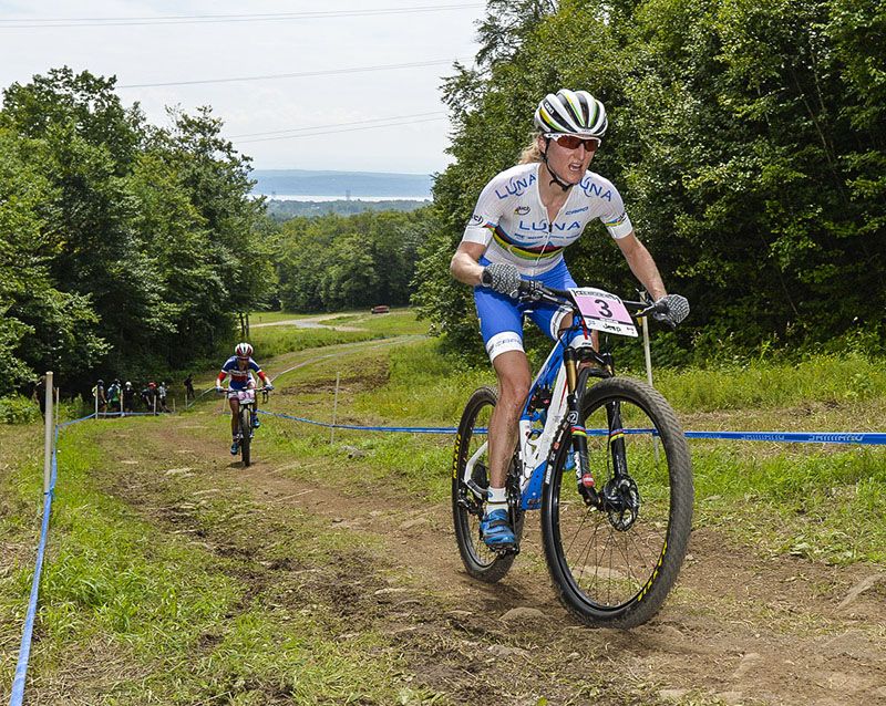 World MTB champ Catharine Pendrel (Luna Pro Team) being chased by World road champ Pauline Ferrand Prevot (Rabo Liv)