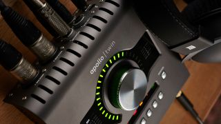 Close up of the connectivity on a Unviversal Audio Apollo Twin audio interface