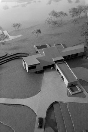 Black and white photo taken from above of an architectural model of River House