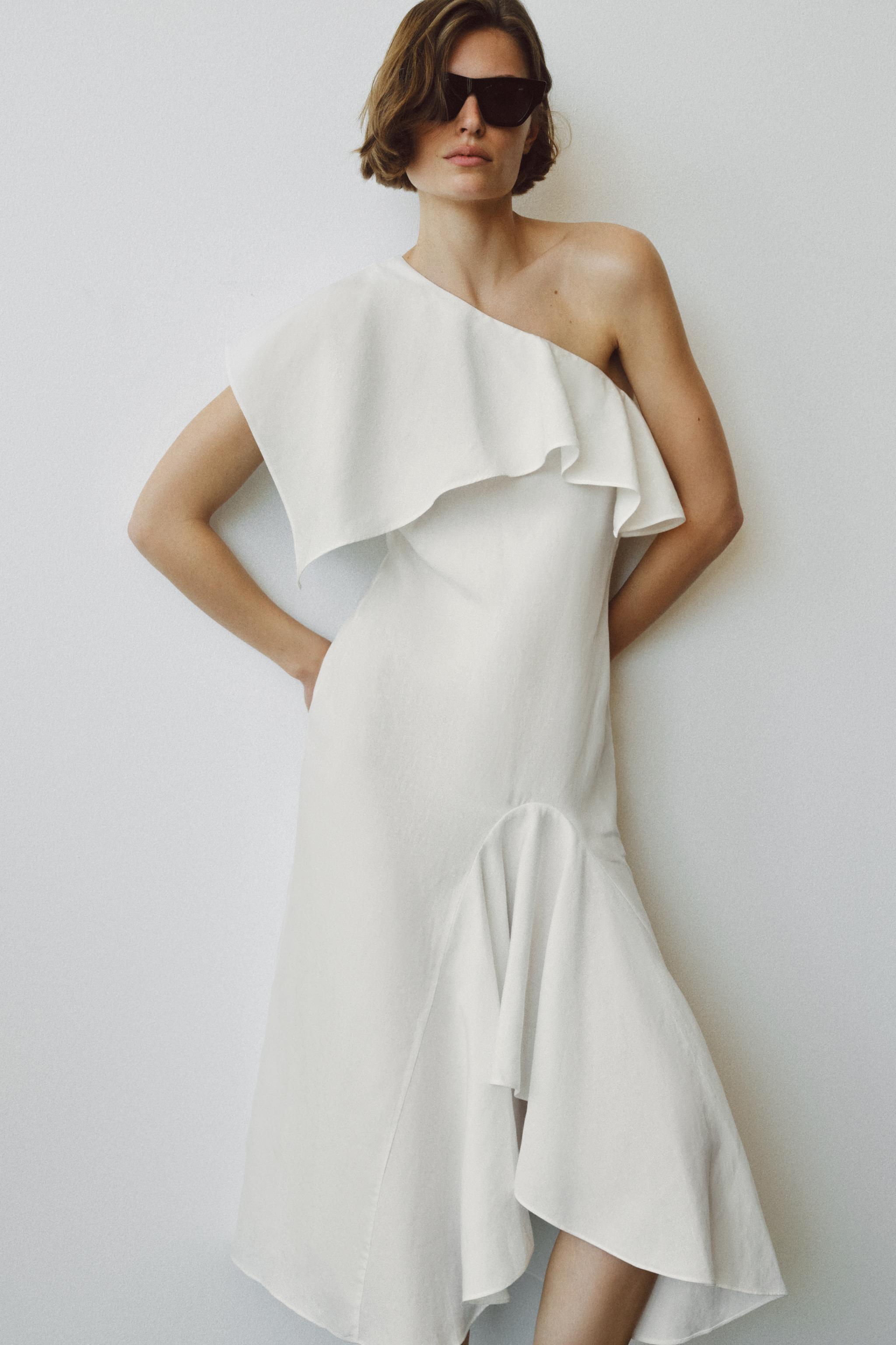 Zw Collection Asymmetrical Linen Blend Dress with Ruffles