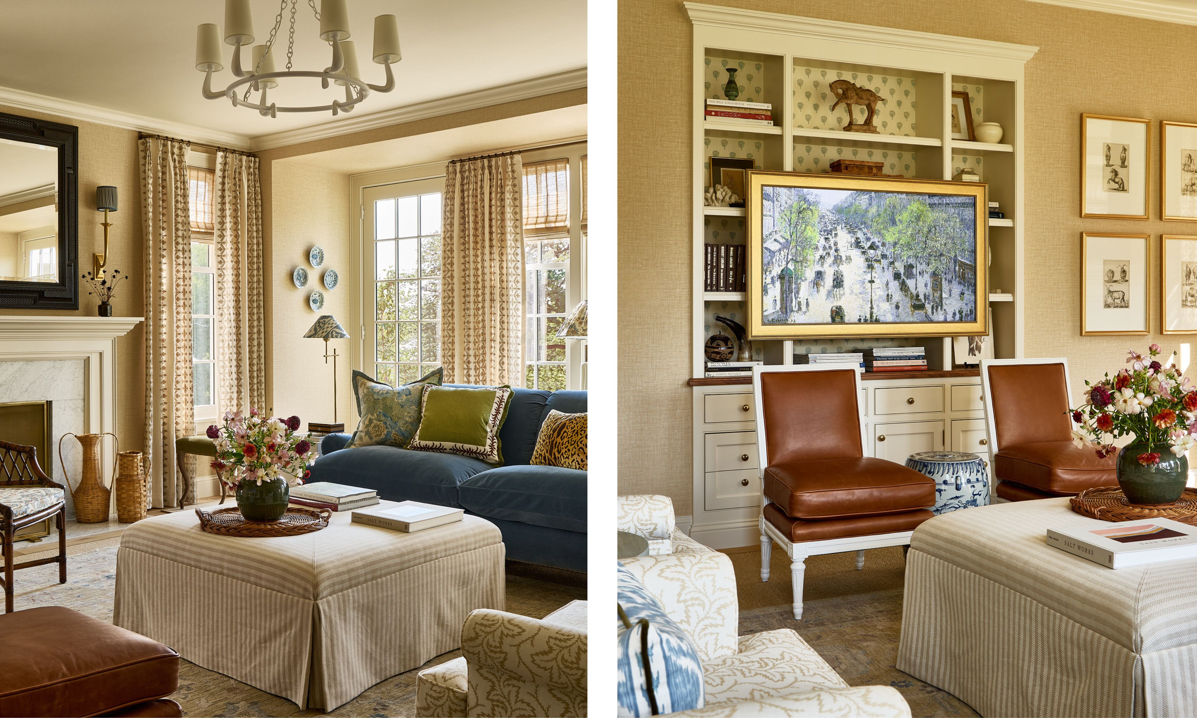 Two images of a living room with cream walls and traditional decor, including a blue sofa, striped ottoman, and a fireplace with a mirror above it. Built-in shelving with a TV disguised as artwork.