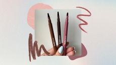 Image showing the tips of the Huda Beauty Lip Contour Felt Marker Stains on a pastel watercolour background with lip liner swatches and pink graphics