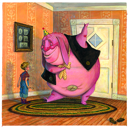 Book illustrations; A large pink creature in a house with a boy